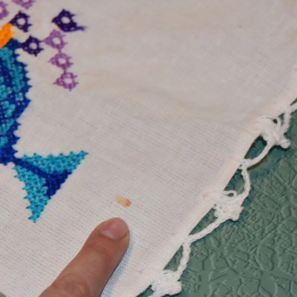 Vintage Mexican Embroidered Table Runner Folk Art Floral Crochet 53x14